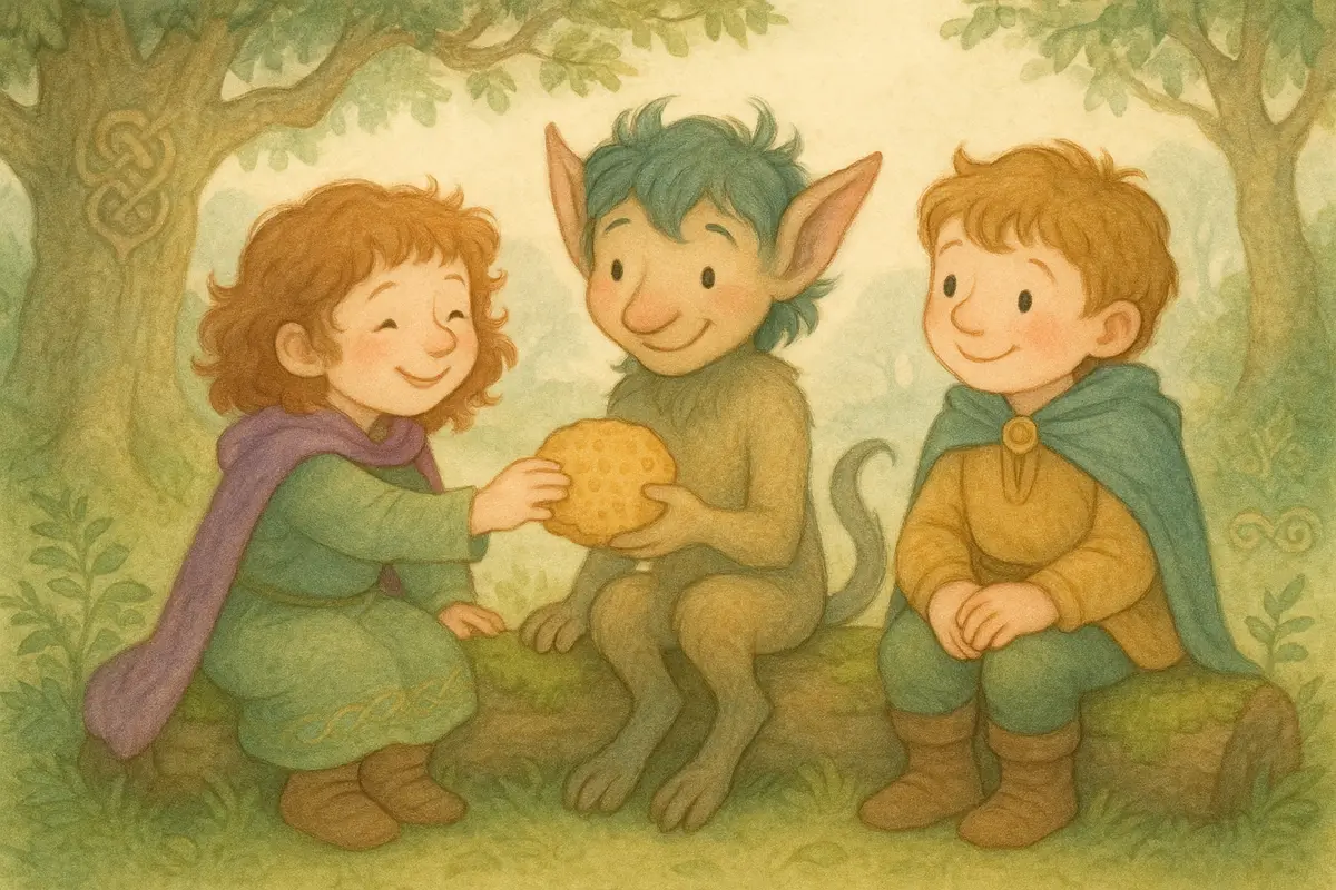 Two small heroes sharing a honey oatcake with a small sheepish shapeshifting faerie on a mossy log, all smiling kindly.