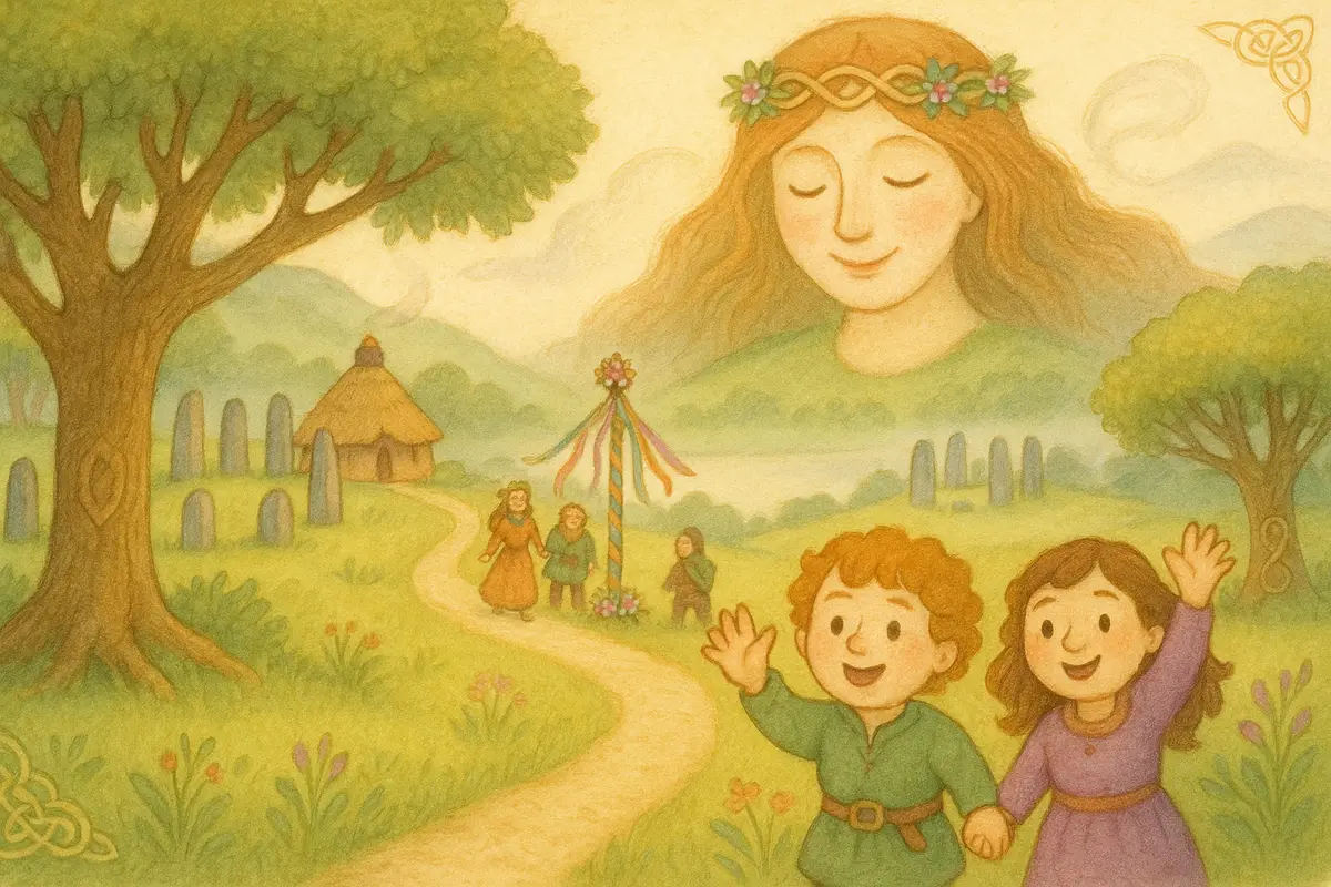 A clear bright path through a sunlit oak grove, cheerful villagers heading to a May fair, a gentle goddess smiling from the green hills, two heroes waving.