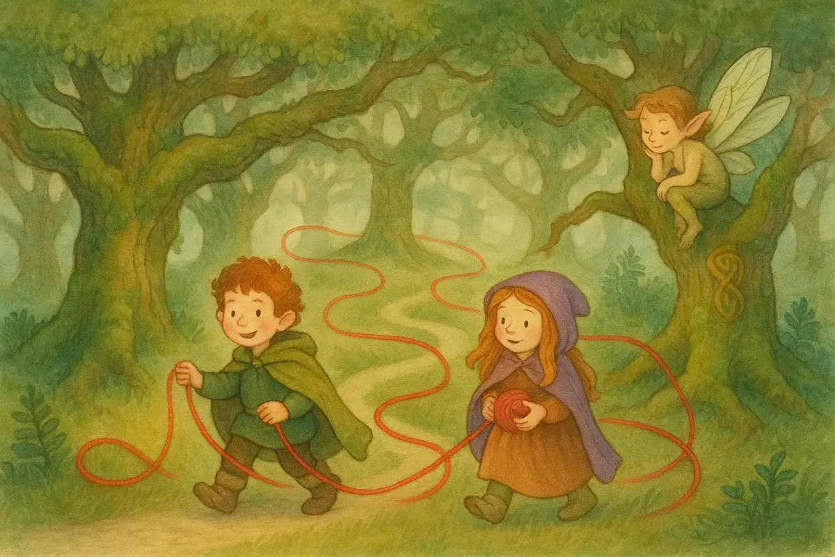 Two small heroes laying a trail of red wool along a looping misty path among great mossy oaks.