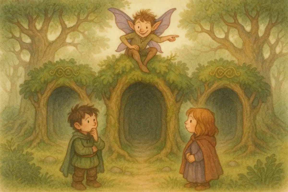 Three mossy archway doorways of oak branches in a misty grove, a playful faerie above giving a clue, two small heroes thinking which leads on.