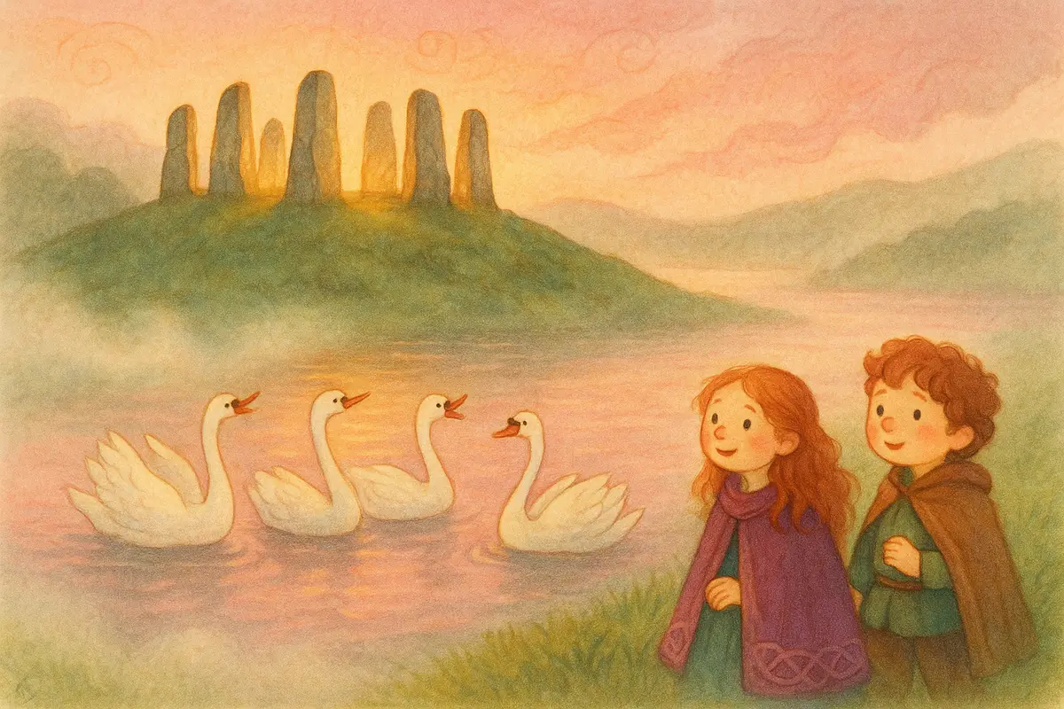 A misty loch dusk turned rose and gold as four white swans sing, an ancient ring of standing stones glowing on a green rise, two heroes watching in wonder.