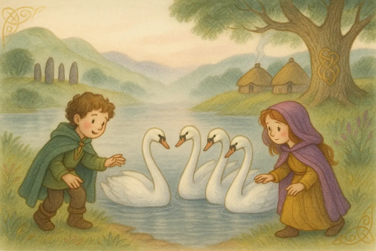 Two small heroes gently approaching four white swans gathered on a still grey misty loch at dusk.
