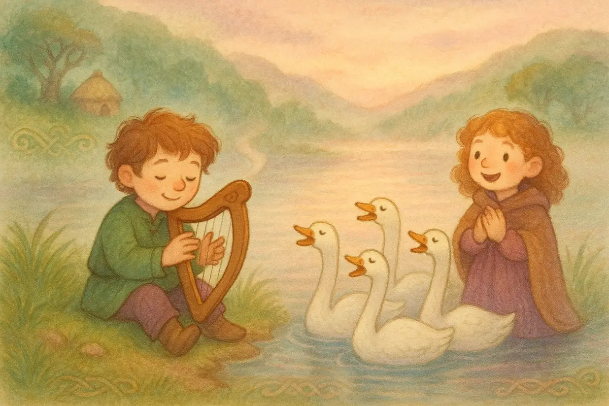 A small hero playing a little harp on a misty loch shore as four white swans sing along, the grey mist beginning to lift and glow.