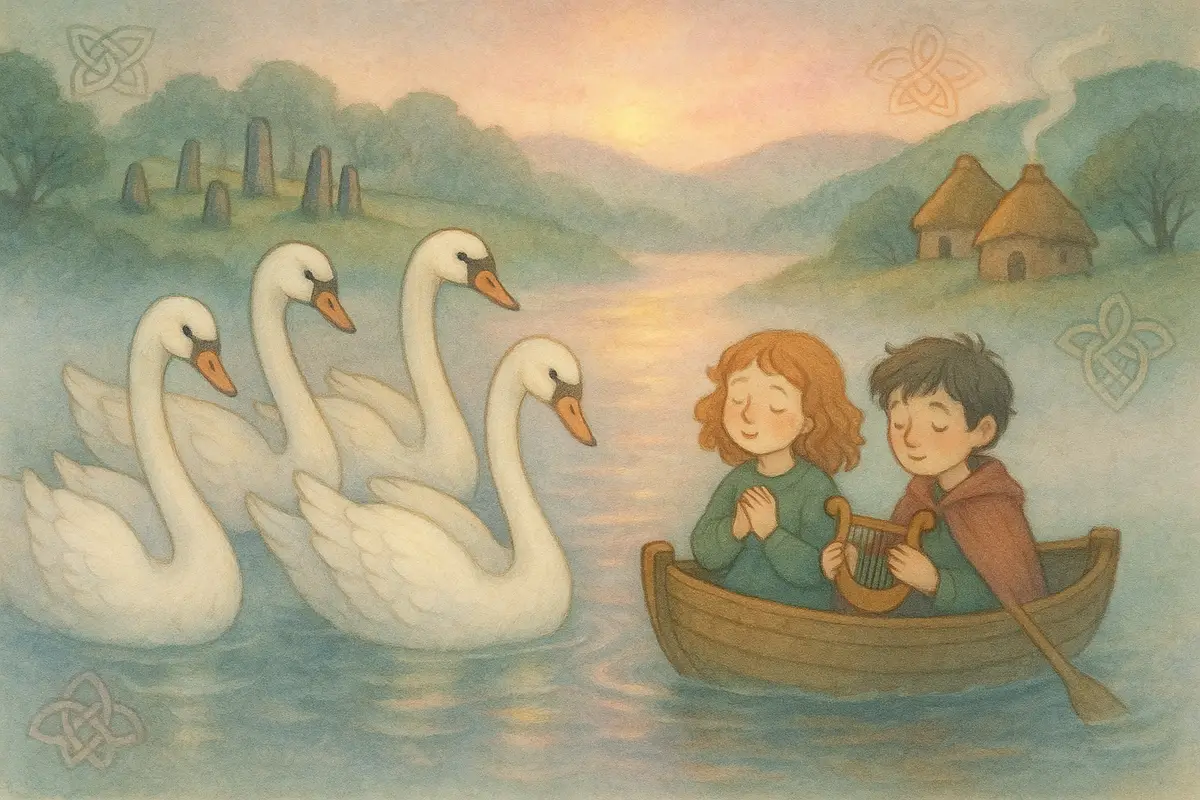 Two small heroes and four white swans piecing a forgotten lullaby back together, soft glints of rose and gold returning to the dusk.