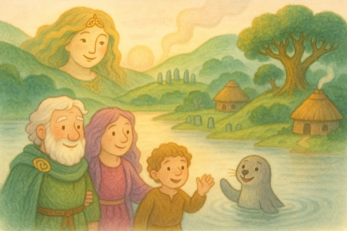 Two older heroes and a small friend safely back on the home loch shore at sunrise, a gentle selkie waving from the water, a kind goddess smiling from the green hills.