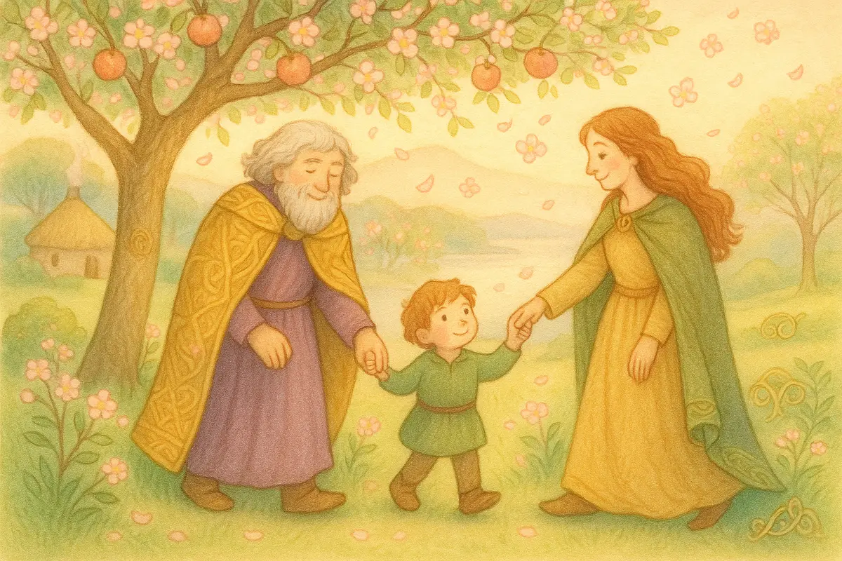 A blossoming otherworld of ever-flowering apple trees and soft golden light, two older heroes kindly taking a small friend by the hand to lead them home.