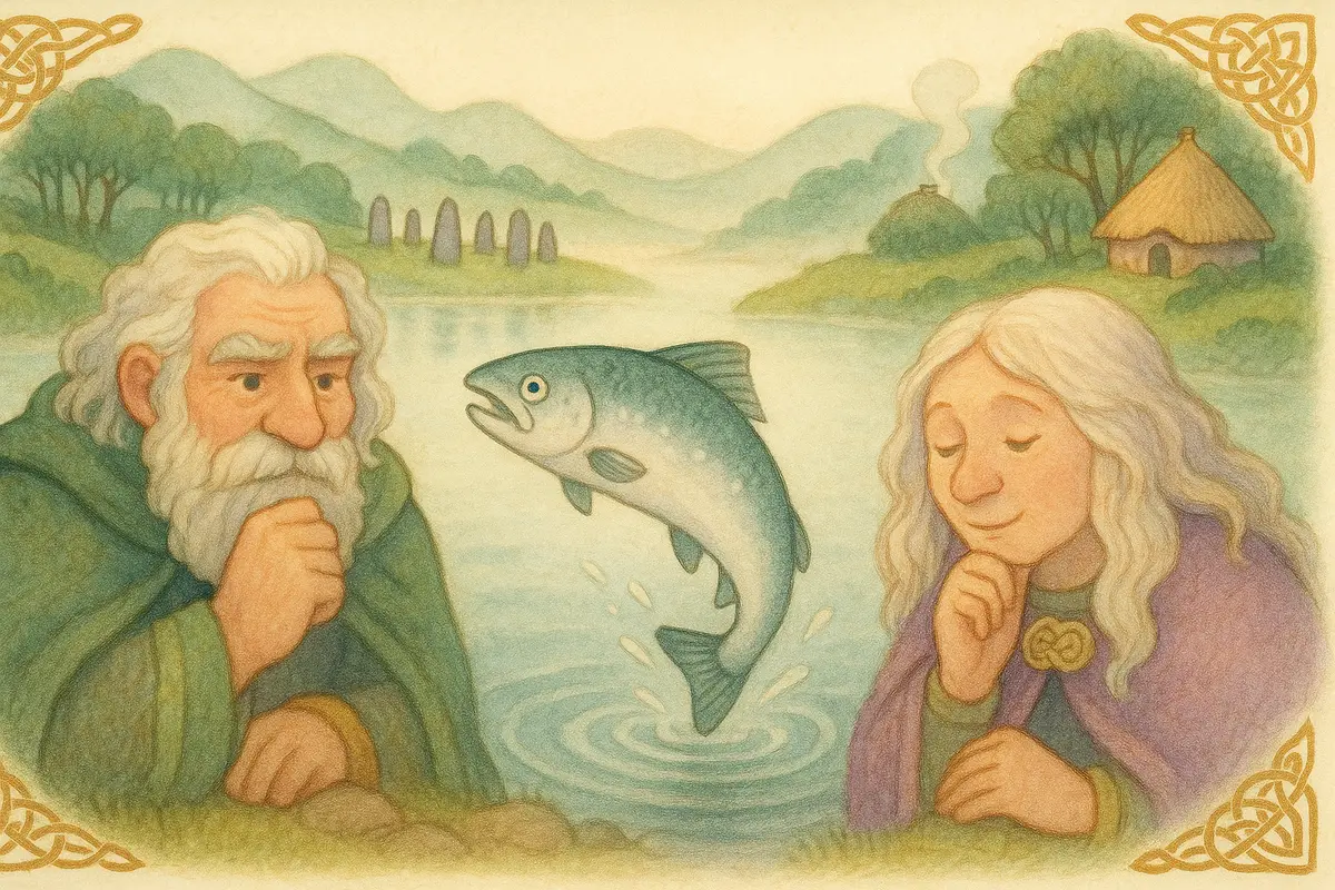 A bright old silver salmon rising from a still misty loch beside two older heroes thinking hard on the shore.