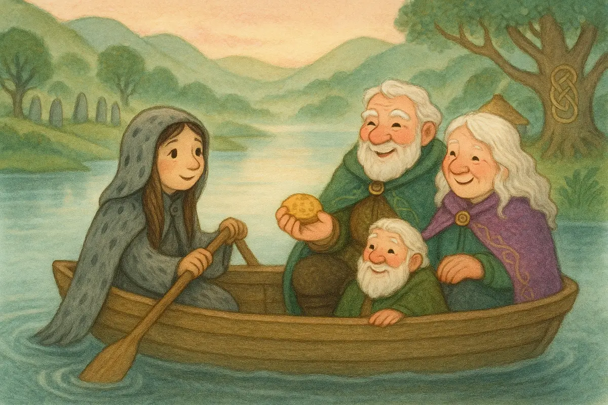 A gentle selkie in a grey sealskin cloak rowing two older heroes across a misty loch in a small boat, the heroes offering a smile and an oatcake.