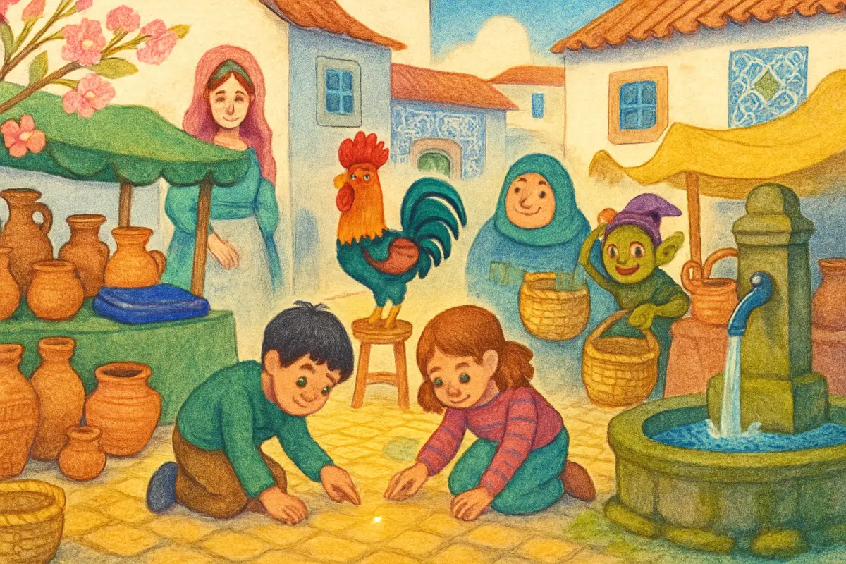 A lively pottery market with an empty cushion where something shiny used to sit, children studying the cobbles for clues.