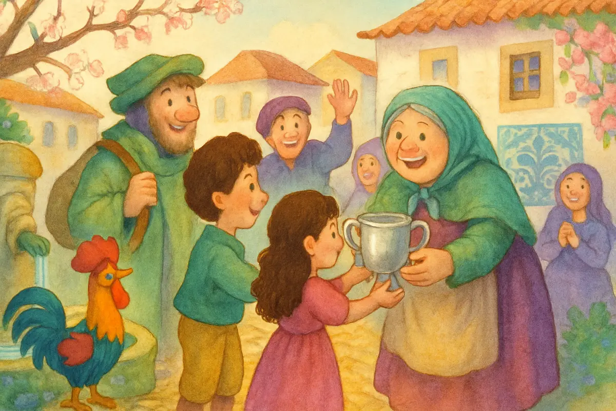 The children handing the bright silver cup back to the relieved market folk, the traveller smiling as the crowd turns kind.