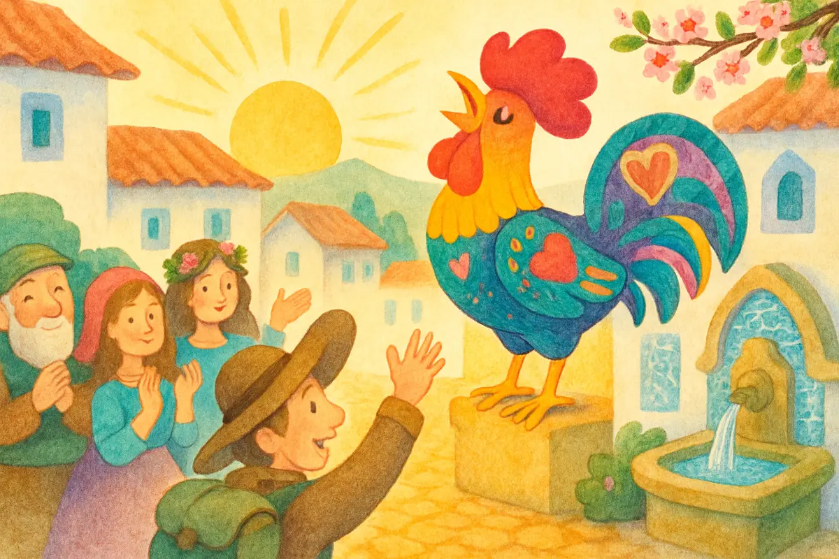 The rooster of Barcelos crowing at last on a sunlit wall as the sun rises gold over the rooftops and the square cheers.