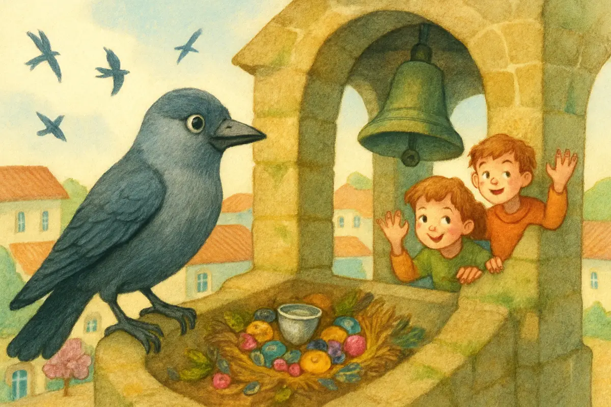 The open top of an old bell tower, a small jackdaw beside a glittering nest holding a silver cup, children waving gently.