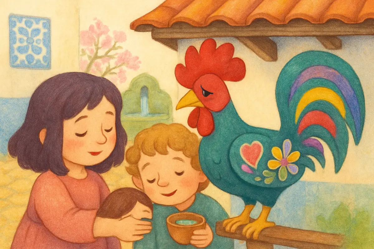 The bright rooster of Barcelos on his perch with his beak shut, looking sad, as two children gently comfort him.