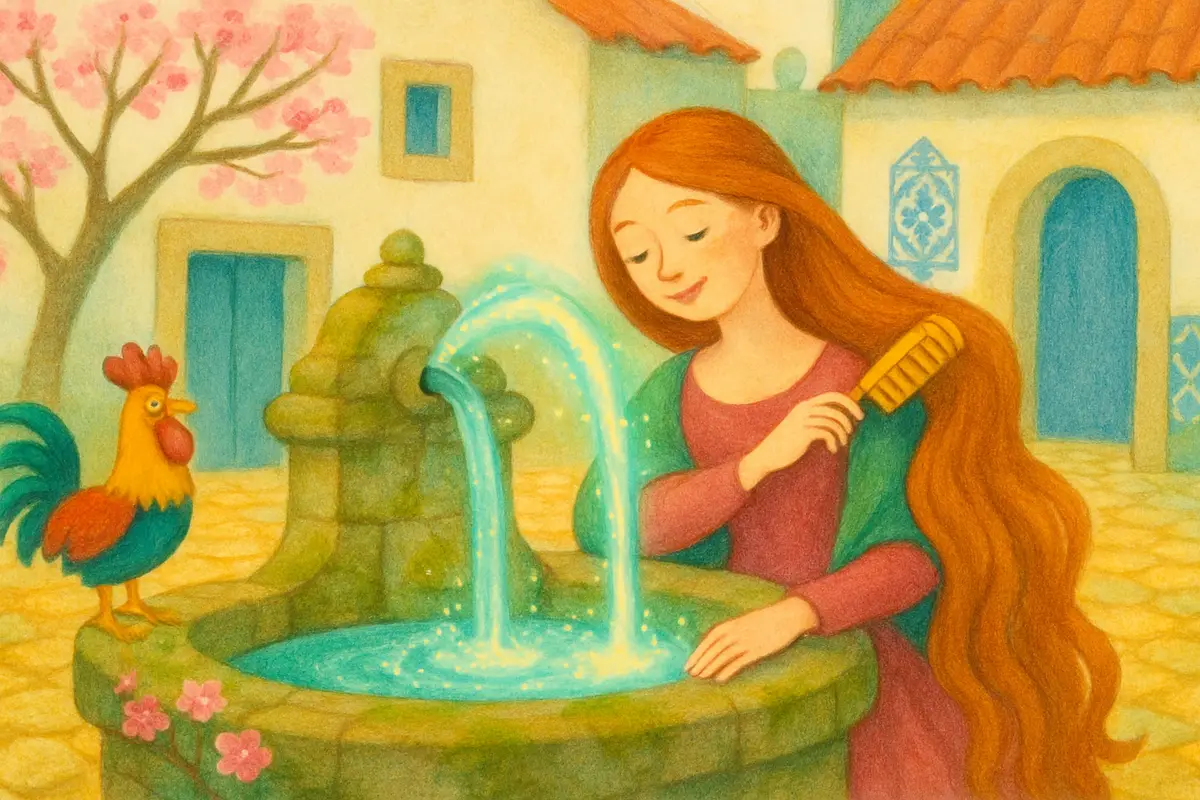 The enchanted maiden smiling by her spring, drawing the golden comb through her hair as the water lights up clear and bright.