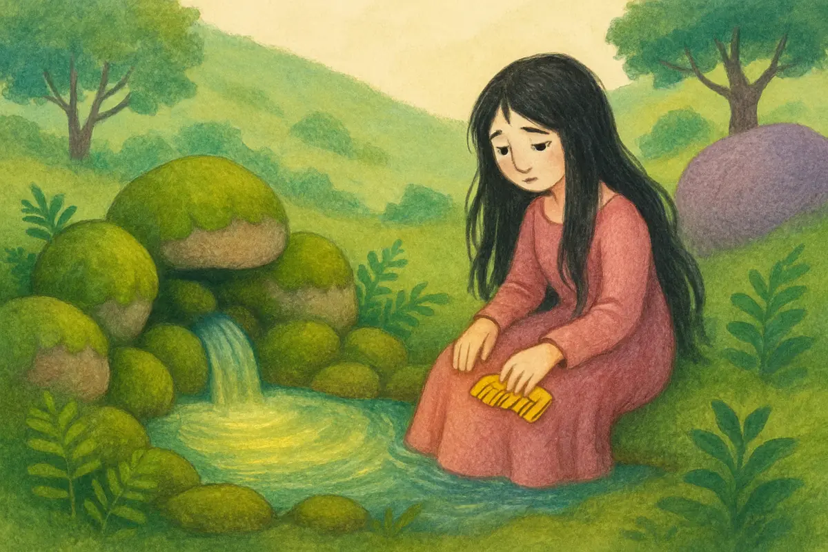 A clear hillside spring among mossy stones, a serene enchanted maiden sitting sadly at its edge with her long hair uncombed.