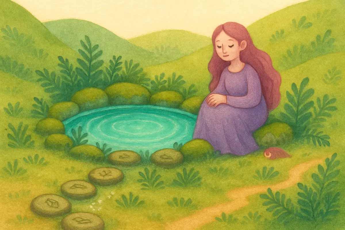 A line of mossy stepping stones across a stream, each carved with a small symbol, a faint shiny glint leading off among the ferns.