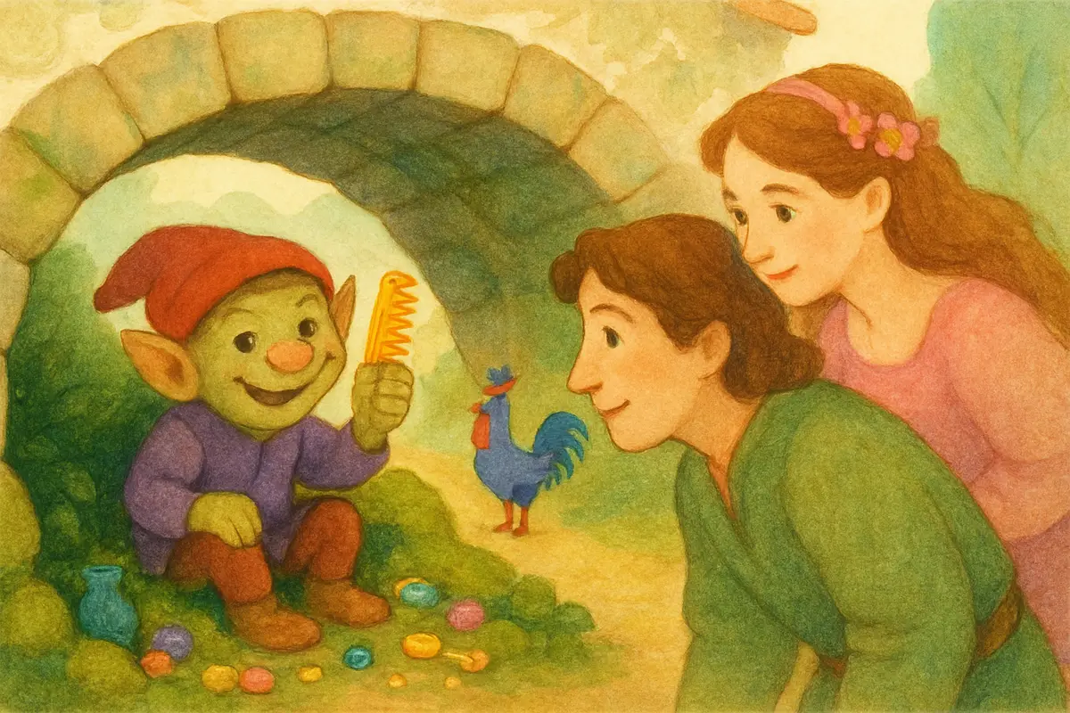 A cosy nook under a stone bridge full of shiny odds and ends, where a small goblin in a red cap plays happily with a bright golden comb.