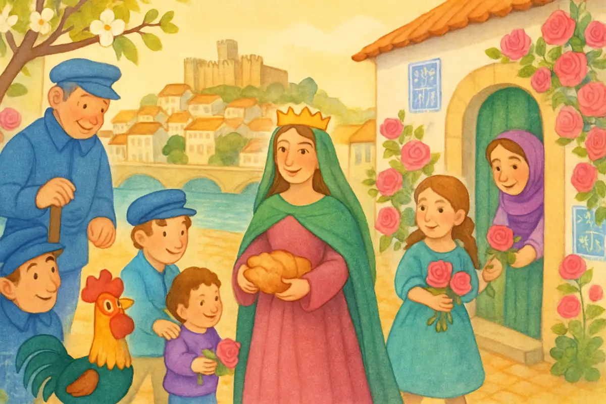 The city in full morning light with roses blooming along every wall, children and townsfolk sharing bread and flowers, the watchman helping.