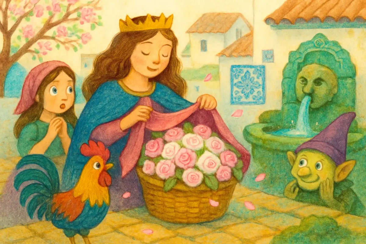 A basket cloth lifted to reveal a heap of fresh white and pink roses instead of bread, everyone around it wide-eyed with wonder.