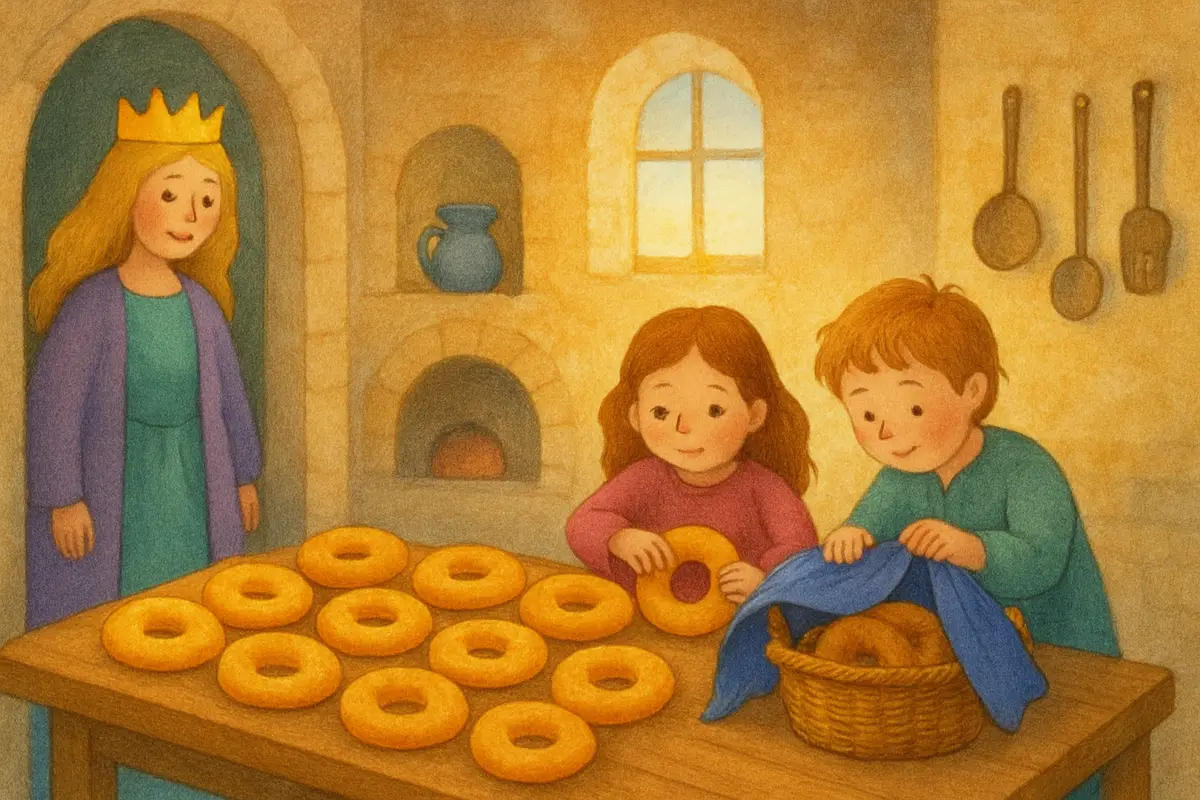 A warm castle kitchen at first light, children quietly filling a basket with golden ring loaves, a kind queenly figure looking on.