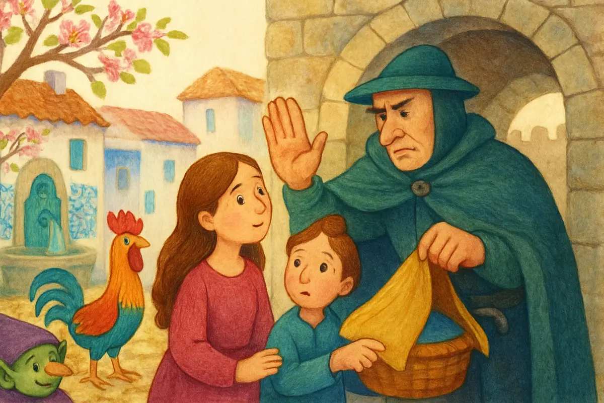A stern but kindly watchman at a stone gate stopping the children and lifting the cloth on their basket, the children calm and honest.