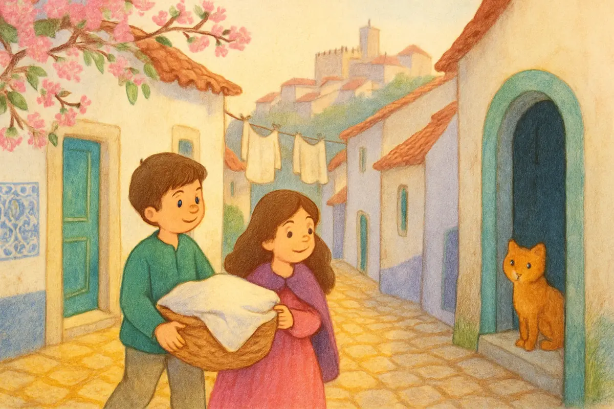 Children carrying a covered basket down narrow winding stone streets at early morning, glancing kindly at a cold doorway.
