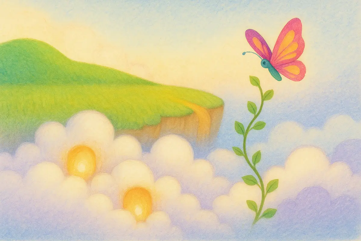 A low cloud bank where a few clouds glow warmly from hidden lanterns, a Messenger Butterfly nearby and a vine growing up to reach them.