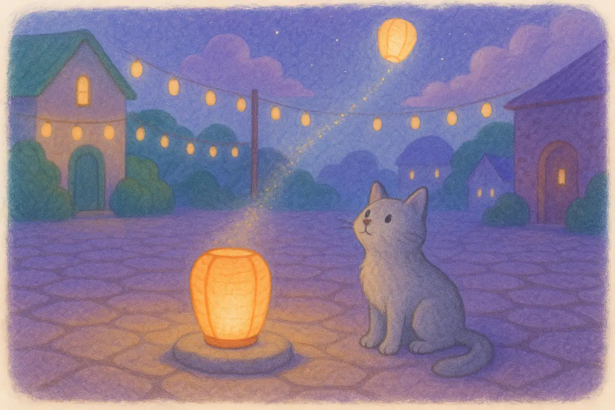 A dim festival square with one unlit lantern, the Mist Cat beside it, and a faint trail of light leading up to the clouds.