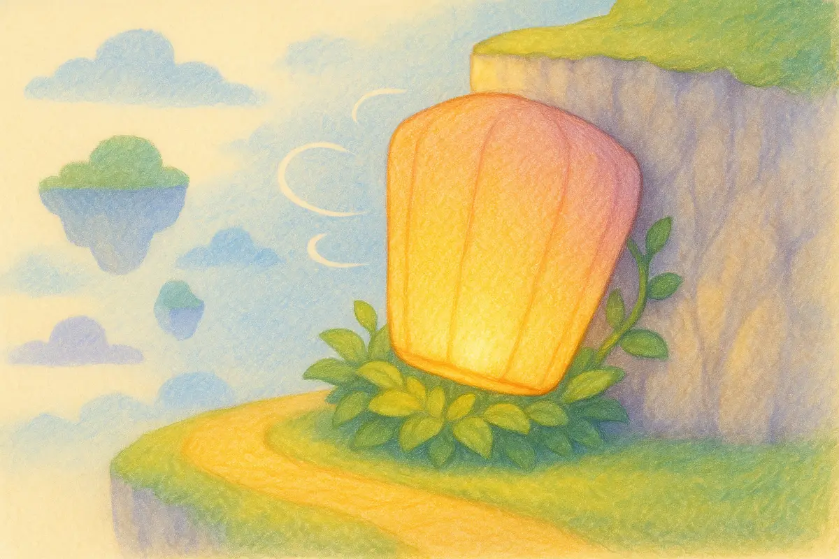 The biggest lantern resting against a high rocky ledge, a soft breeze around it and a vine with a cushion of leaves grown up below.
