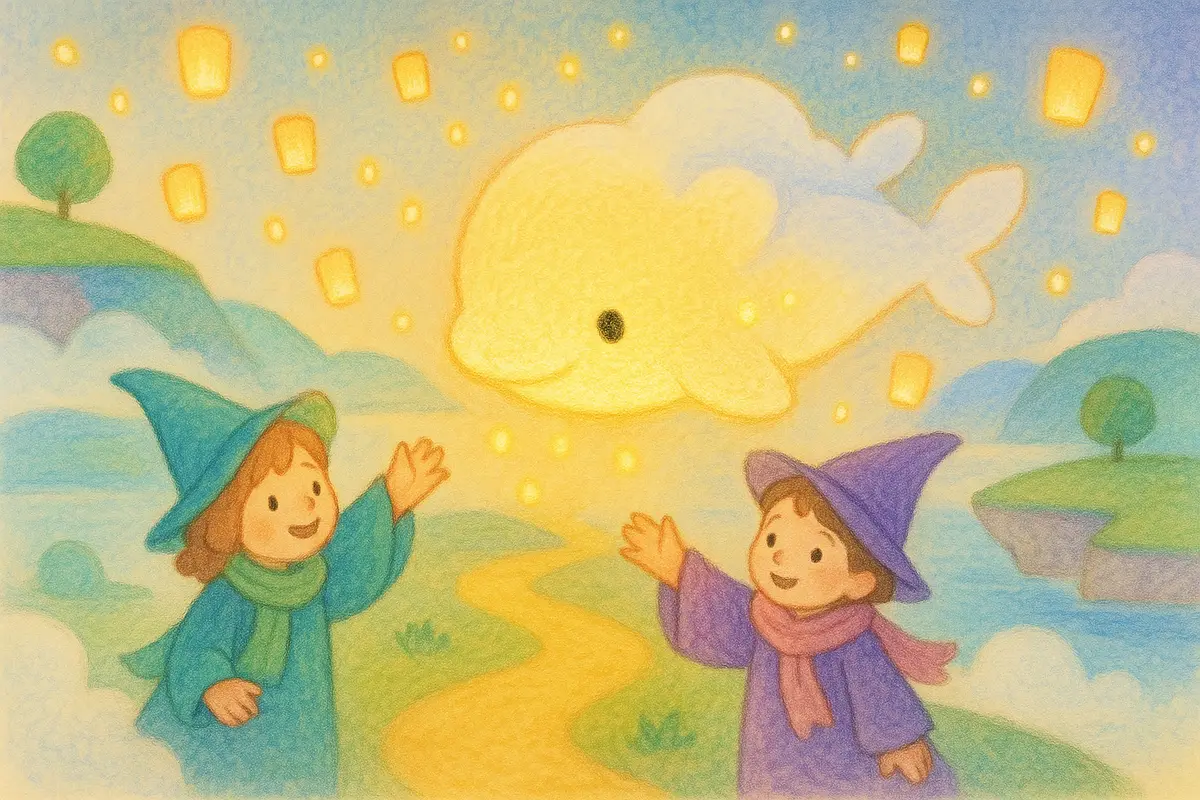 A shy cloud-whale calf glowing with gathered light as two little mages offer friendship and the freed lanterns rise into a golden sky.