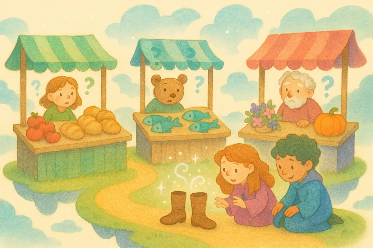 A row of market stalls with goods swapped around, two young mages asking a pair of boots where they belong amid soft magic sparkles.