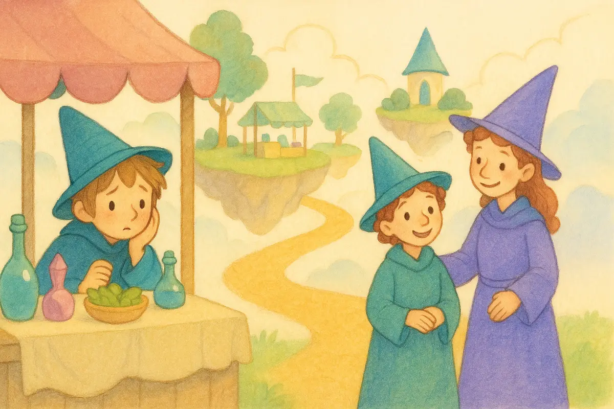 A shy young apprentice mage peeking from behind a stall while two young mages reassure them with kind smiles, the friendly market all around.