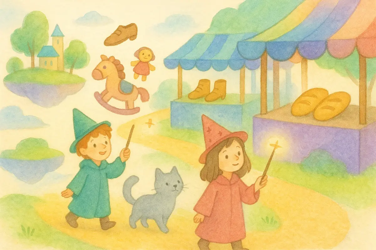 Two young mages returning goods to the right stalls, loaves and toys floating back, the Mist Cat beside them helping them remember.