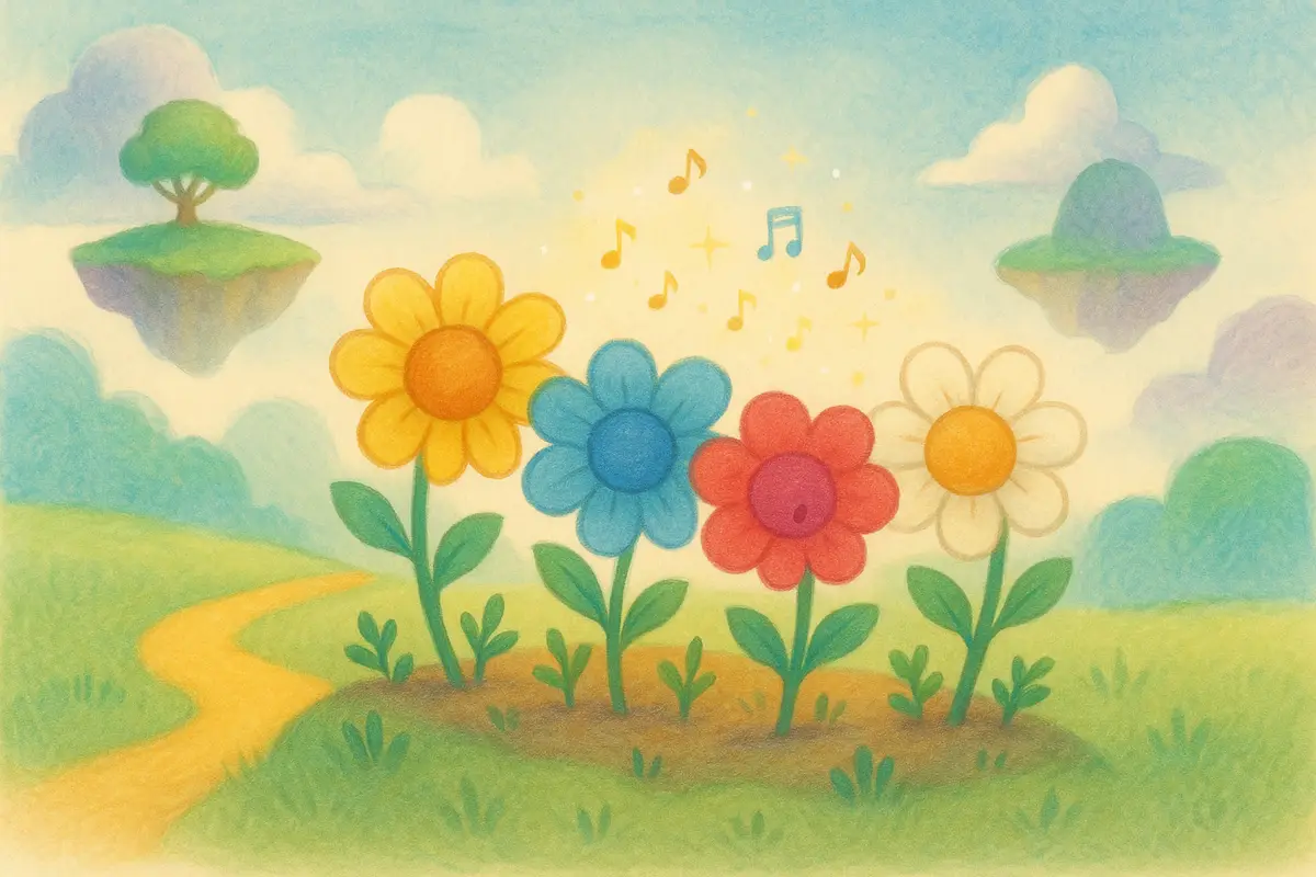 A flower bed of four big flowers in yellow, blue, red and white, slightly out of order.