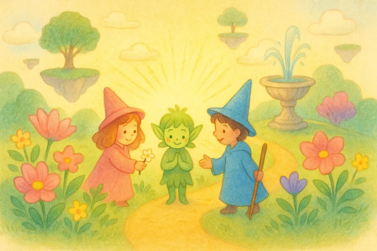 The garden's heart waking, the shy sprite smiling as two little mages offer friendship, flowers opening in golden light.