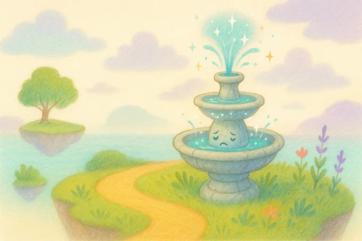 A quiet stone fountain beginning to sparkle and flow again.