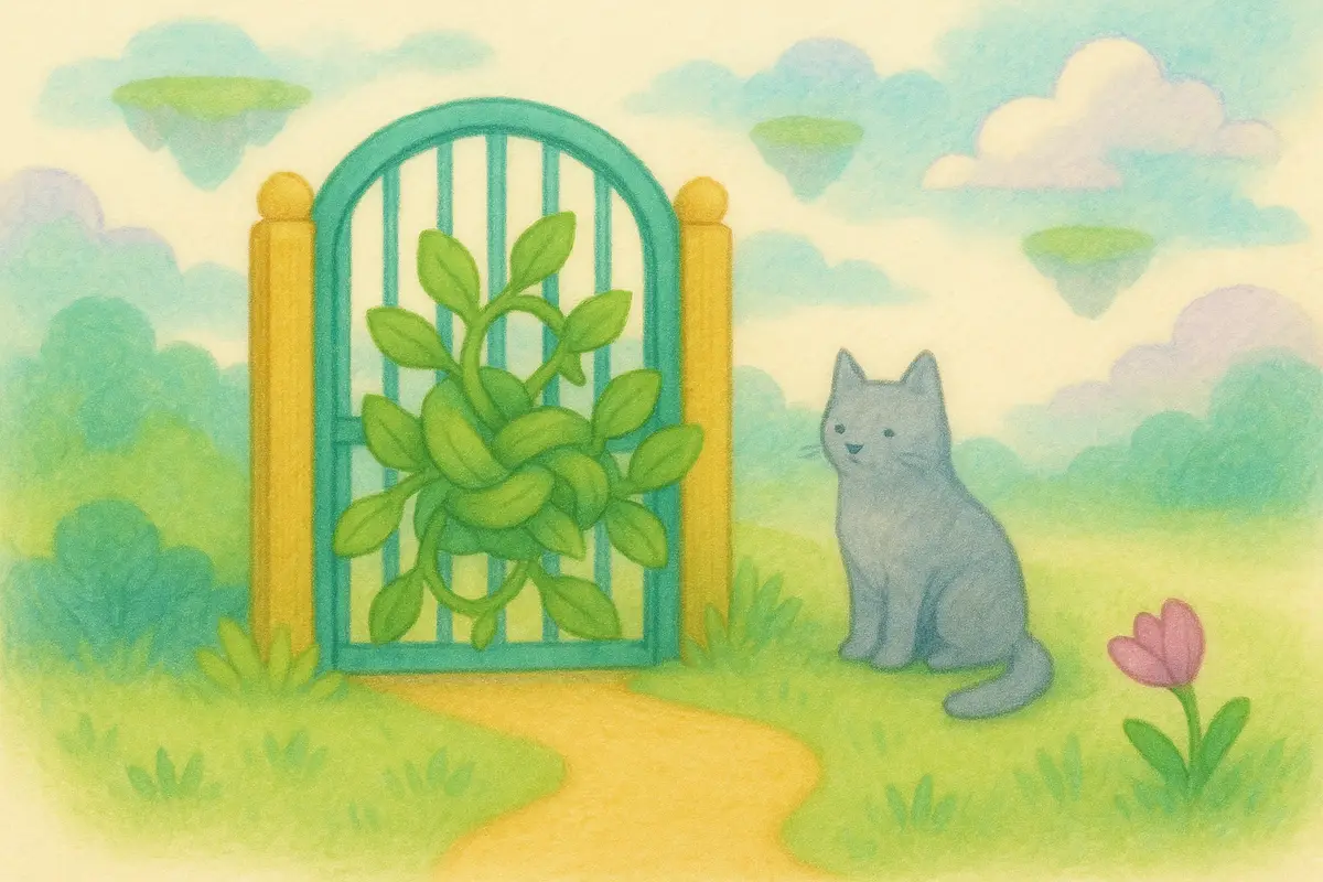 A tall gate tied shut with a knot of green vines, the Mist Cat watching nearby.
