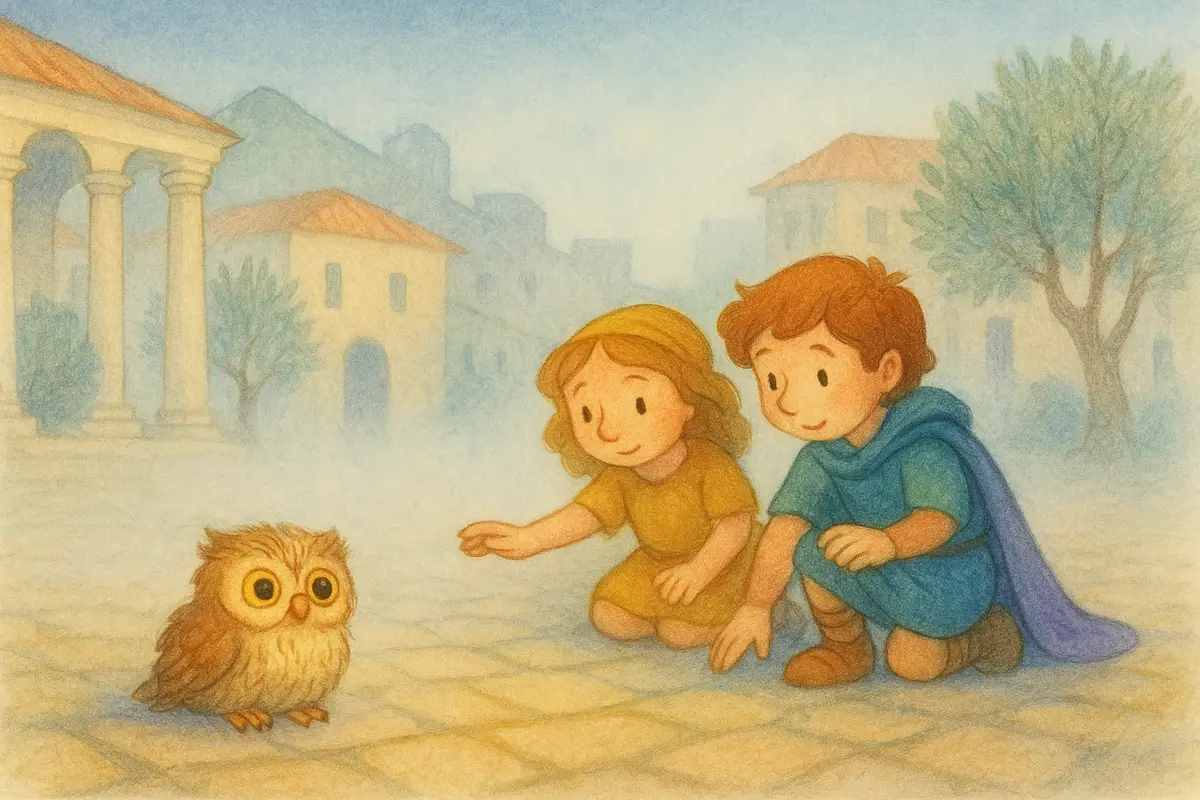 A tiny ruffled owl with big round eyes on foggy cobblestones, two small heroes kneeling and holding out a gentle hand.