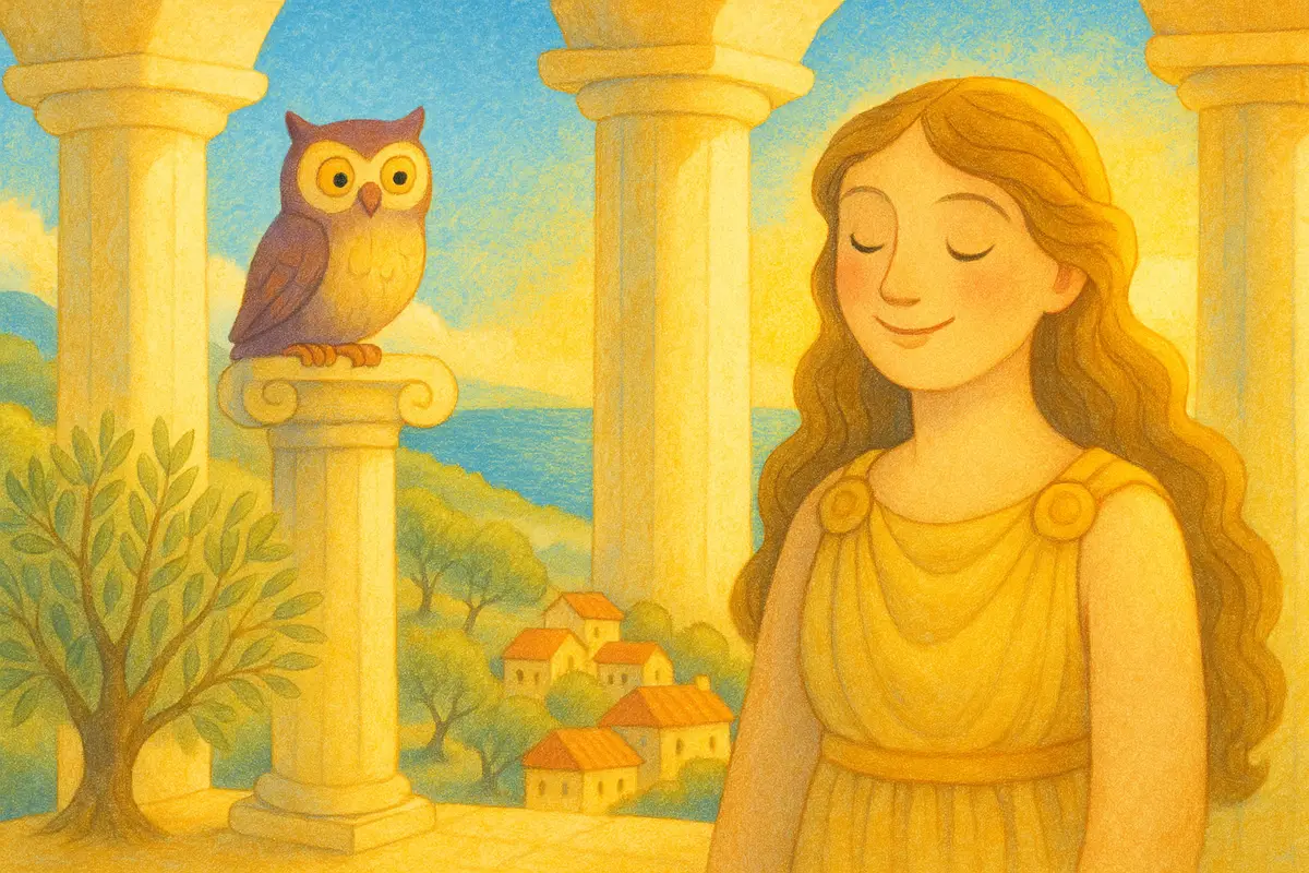 A serene grey-eyed goddess smiling in a sunlit marble temple as a happy little owl settles beside her, a golden olive town far below.