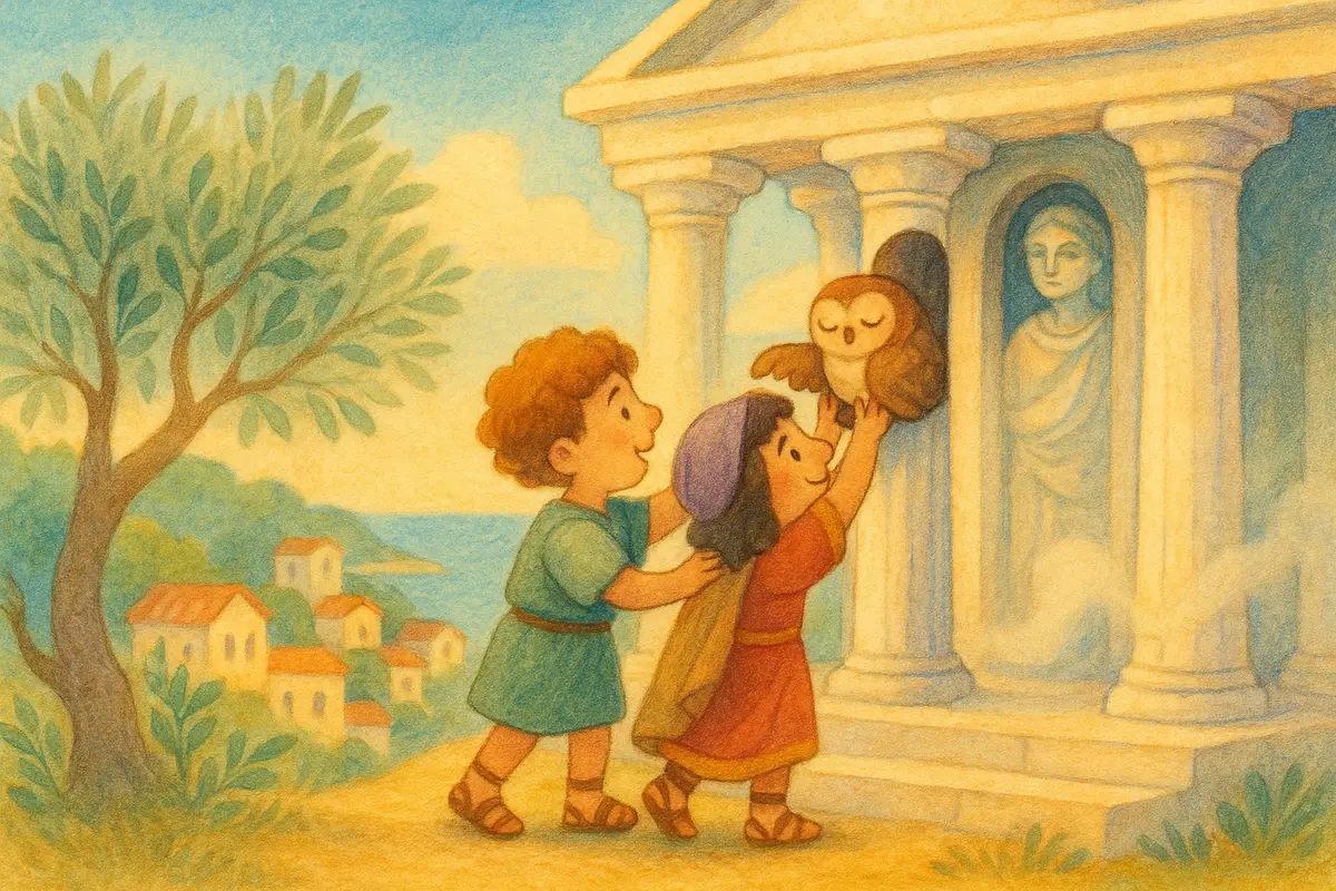 Two small heroes at a little marble temple, gently helping a tired owl up to a cosy perch high among the columns as the mist clears.