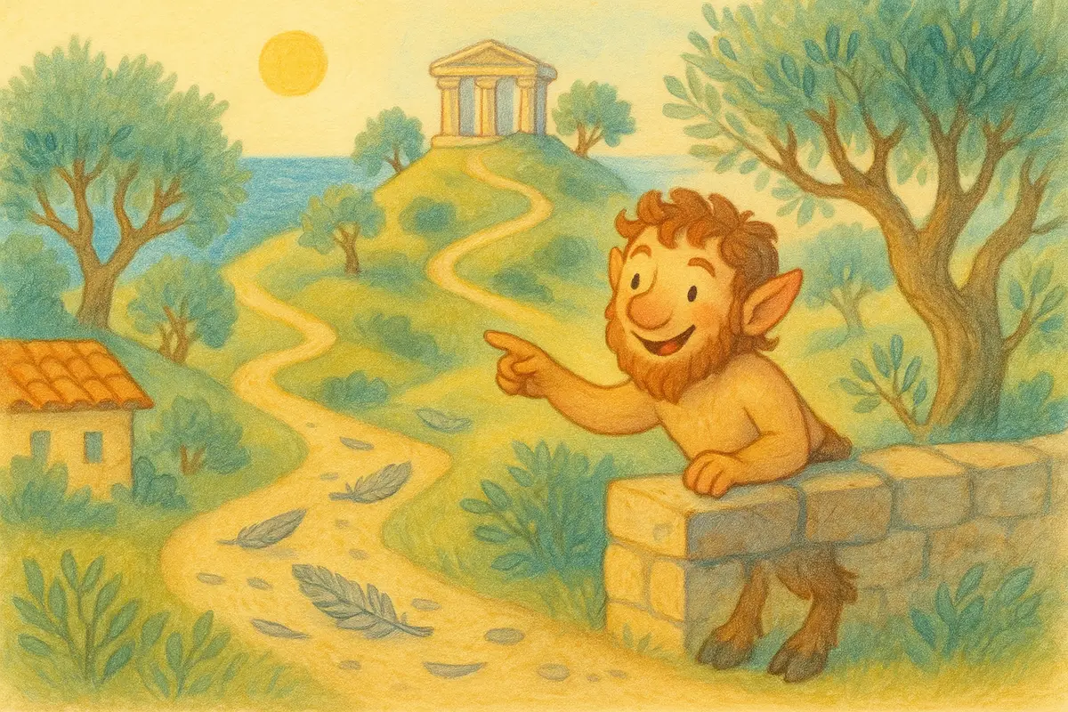 Three little paths up a misty hillside, grey owl feathers along one, a cheerful goat-legged satyr peeking over a wall and pointing.