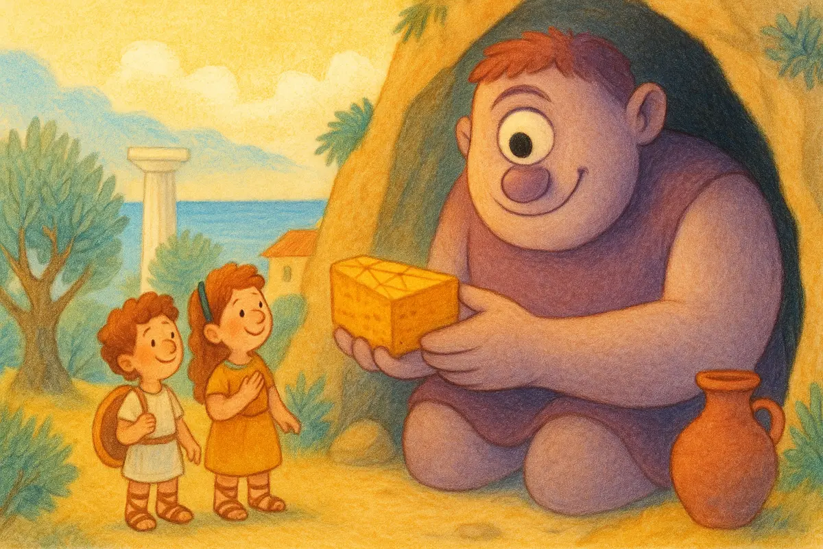 Two small heroes at a cave mouth smiling up at a shy gentle one-eyed giant, holding up a large slice of honey cake to share.