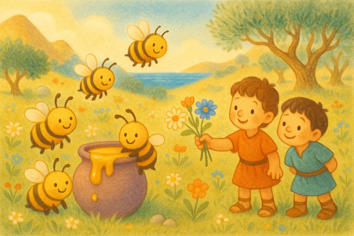 A sunny flower meadow, friendly smiling bees filling a clay jar with golden honey as two small heroes offer a posy of wildflowers.