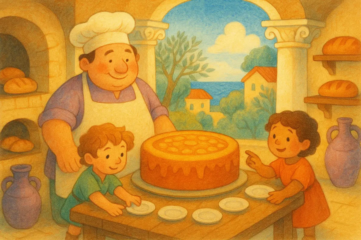 A cosy bakery kitchen, a cheerful baker beside an enormous honey cake, two small heroes counting little plates to share it out.