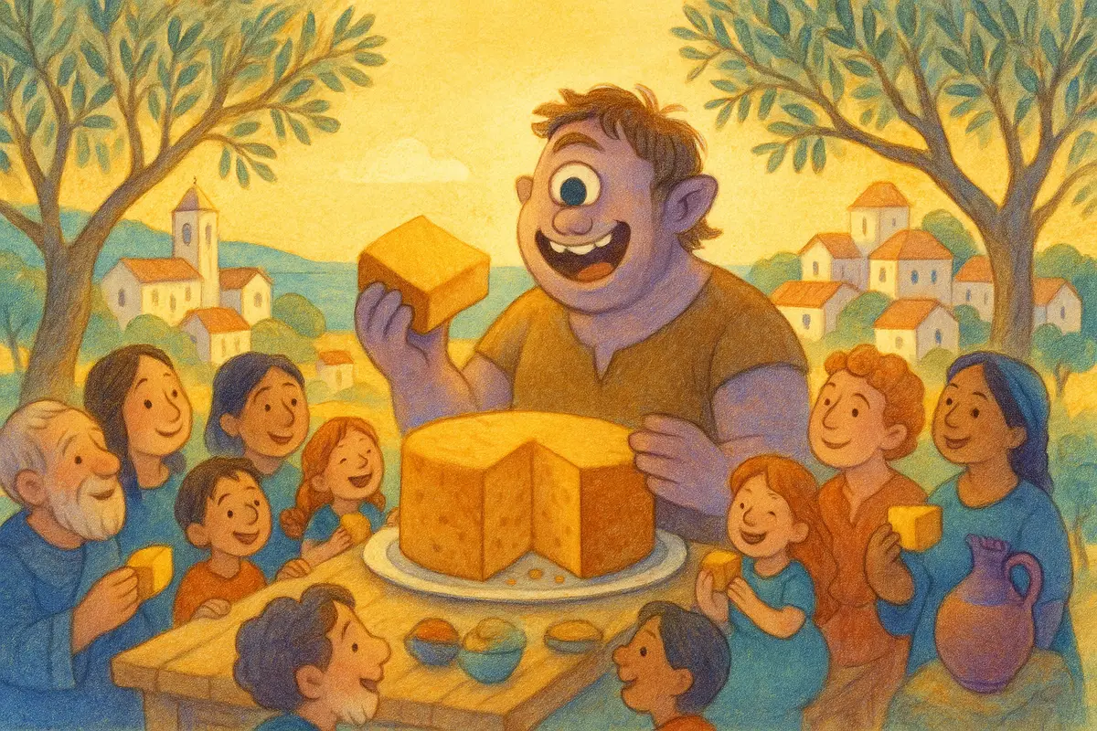A long festive table under olive trees at sunset, a whole town sharing a giant honey cake, a gentle one-eyed giant in the middle with the largest slice, laughing.