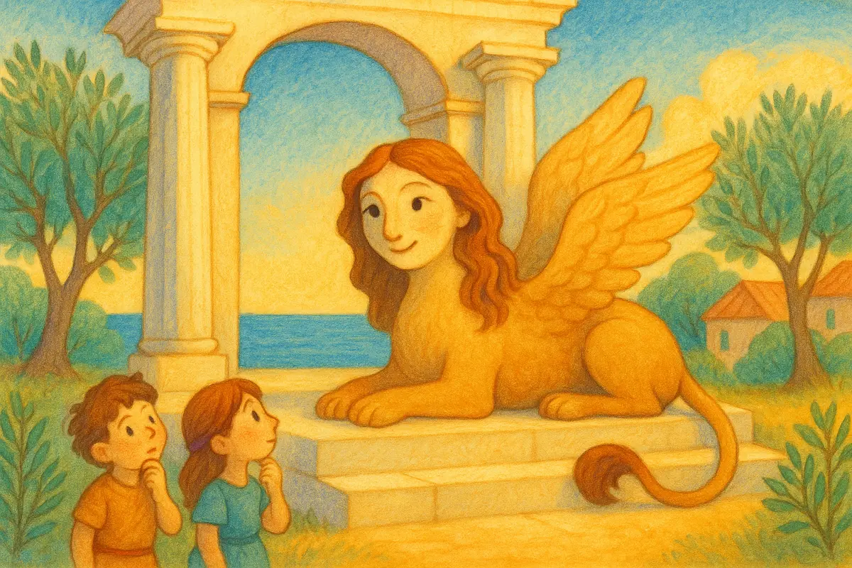 A friendly winged sphinx on sunlit marble steps tilting her kind face, two small heroes thinking below.