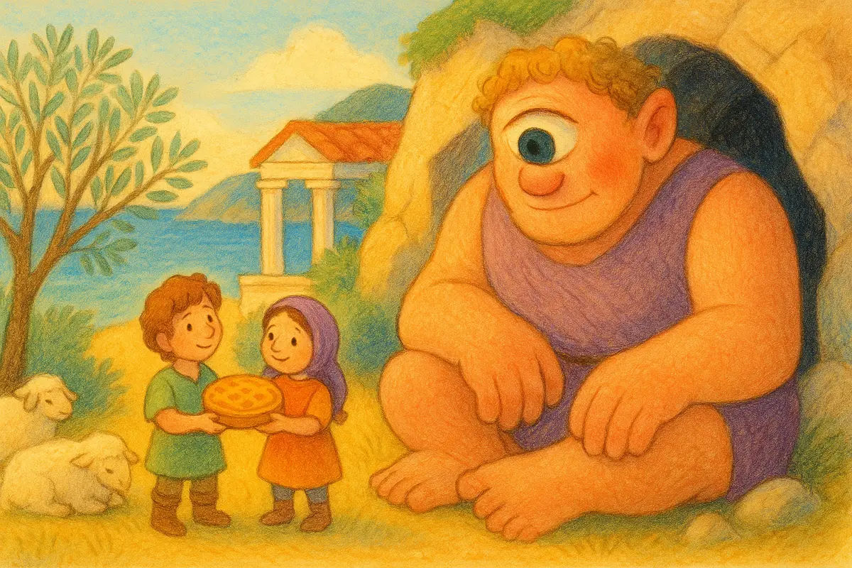 A huge gentle one-eyed giant by a cave looking shy and sad, two small heroes offering a honey cake with kind smiles.