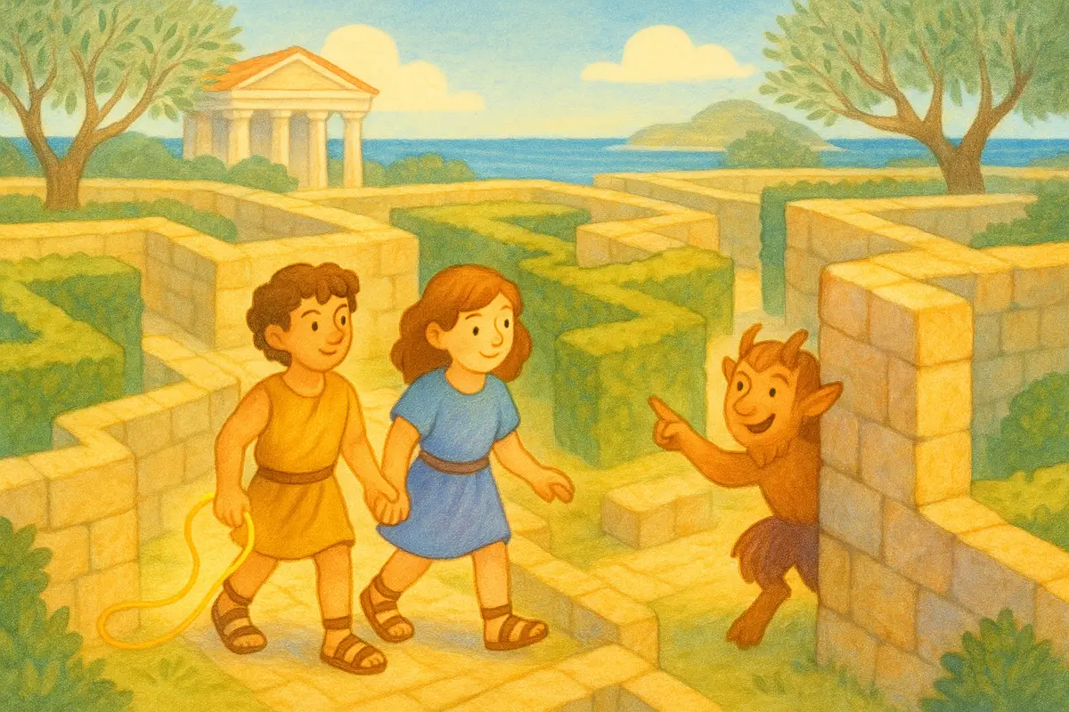 Two heroes in a sunlit stone maze trailing a glowing golden thread, a cheerful satyr pointing the way.