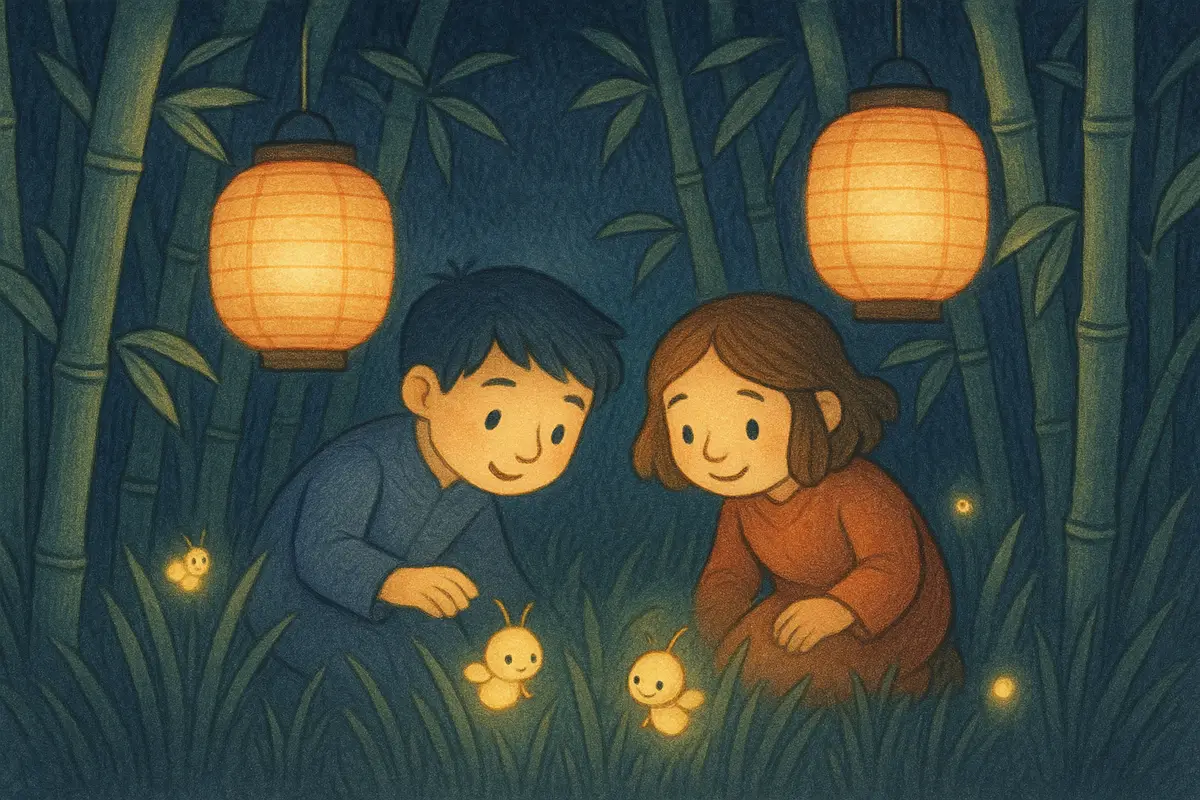 Two small heroes finding tiny shy firefly spirits hiding in a dark bamboo grove at night, their glows barely flickering.