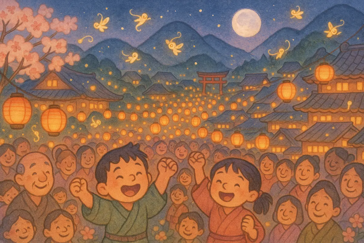 A whole village festival glowing with lit paper lanterns and swirling firefly spirits, two small heroes cheering, a silver moon above.